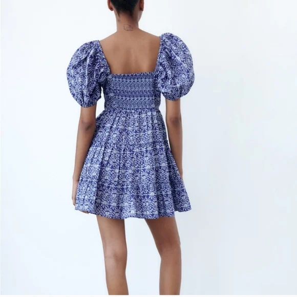 CUTE Printed Dress Short Blue Balloon Sleeves - Picture 6 of 8